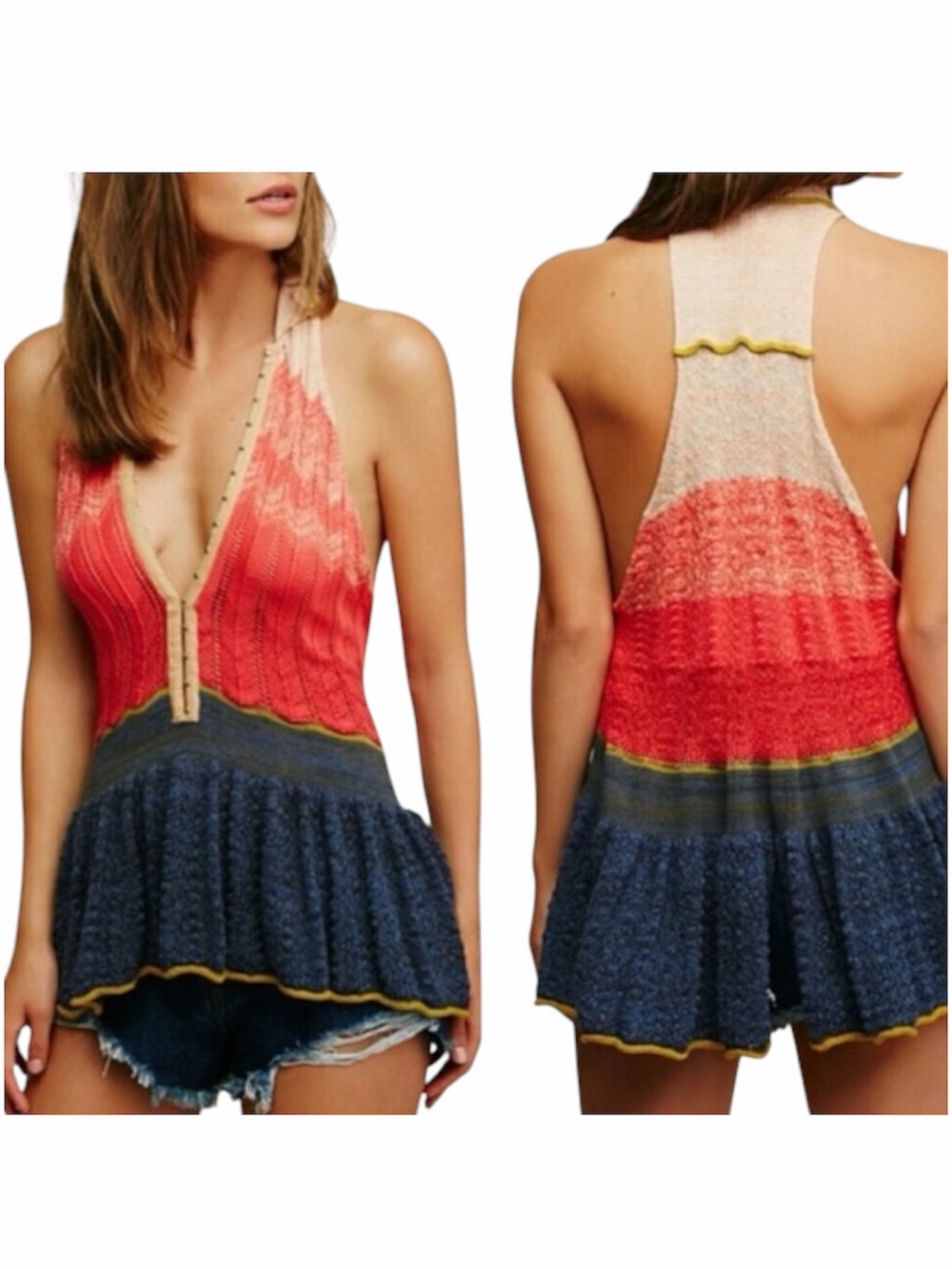 Free People Sweater Peplum Polo Sleeveless Tunic Racerback Blue Combo Size M